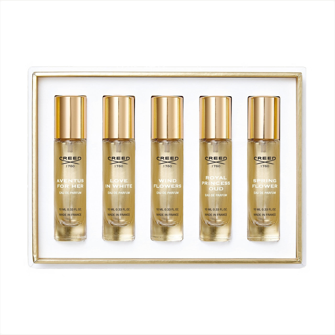 CREED 5 * 0.33 EAU DE PARFUM SPRAY SET FOR WOMEN: AVENTUS FOR HER + LOVE IN WHITE + WIND FLOWERS + ROYAL PRINCESS OUD + SPRING FLOWER