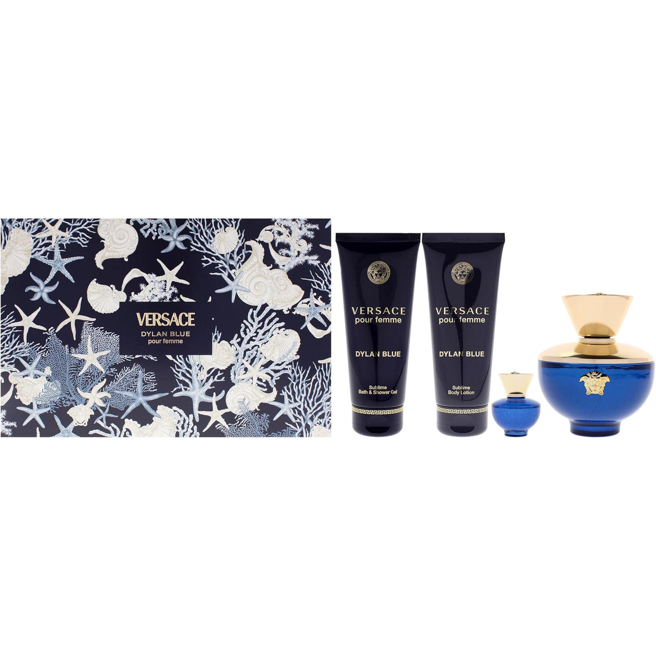 VERSACE DYLAN BLUE 4 PCS SET FOR WOMEN: 3.4 EAU DE PARFUM SPRAY + 5 ML EAU DE PARFUM MINI + 3.4 BODY LOTION + 3.4 BATH & SHOWER GEL